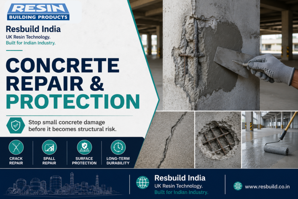 Concrete repair and protection system for damaged industrial concrete floor by Resbuild India.