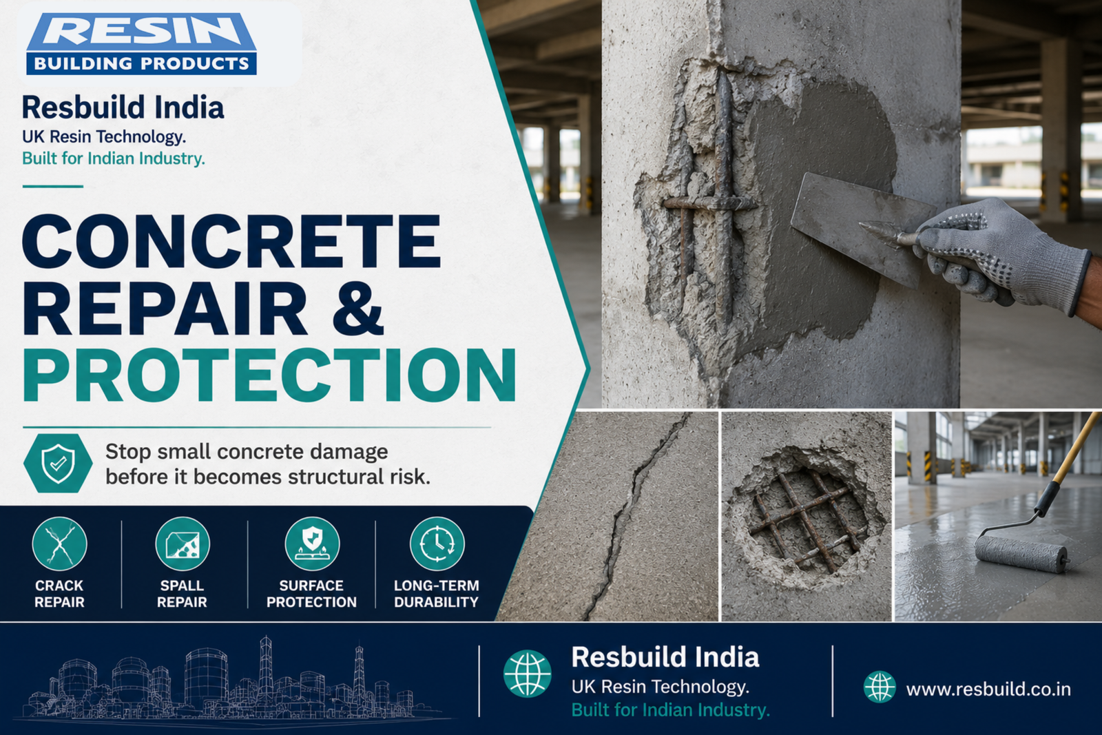 Concrete repair and protection system for damaged industrial concrete floor by Resbuild India.