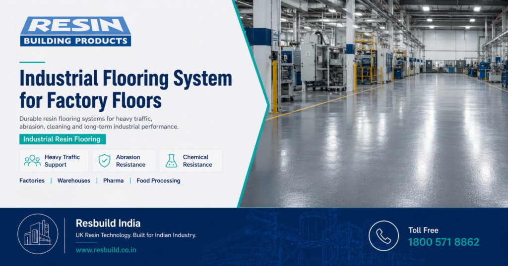 Seamless industrial resin flooring system for factory floors by Resbuild India.